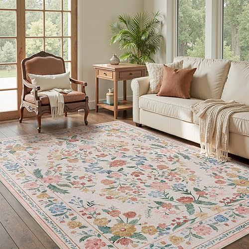 5x7 Washable Area Rug | Vintage Floral | Beige