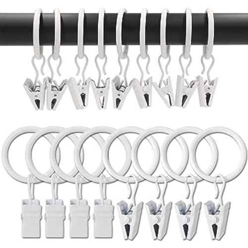 AMZSEVEN 100 Pack Metal Curtain Rings with Clips, Curtain Clips Drapery Ring Clips Drapes Clip Rings 1 in Interior Diameter Fits Diameter 5/8 in Rod, White