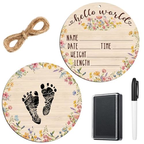 Thyle Baby Announcement Wooden Name Sign for Hospital Birth Double Sided Newborn Welcome Sign with Marker Pen and Ink Pad for Baby Shower Hand Footprints (Wildflower)