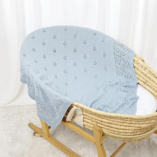LAWKUL Cellular Blanket Baby 100% Cotton Knitted Soft Blankets Knit Crochet Newborn Swaddle Boy Girls Toddler Blue 100x80cm