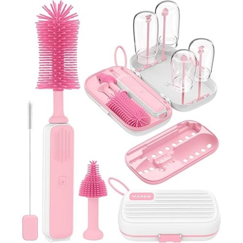 Electric Baby Bottle Brush Cleaner, Baby Travel Bottle Cleaner Kit- 2000mAh Rechargeable Silicone Brush, Drying Rack, Compact Storage Box, 360° Efficient Cleaning Bottle Brush for Home & On-The-Go