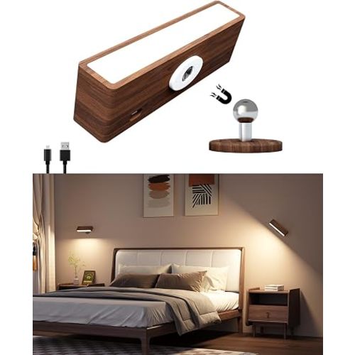 DetarZinLED Wall Lights Battery Operated Wooden,Magnetic Wall Sconces Rechargeable,Adhesive Wall Lights for Bedroom,Dimmable Wall Mounted Bedside Lamp,Cordless Battery Wall Sconce for Bedroom Reading