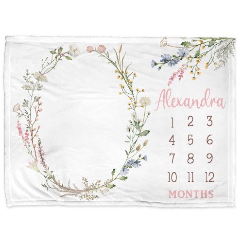 Flowers milestone blanket, baby girl personalized wildflower gift, monthly tracker, floral name baby blanket