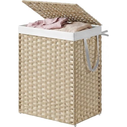 SONGMICS HOME Laundry Hamper with Lid, Clothes Basket with Removable Liner and Handles, 23.8 Gallon, Foldable Narrow Laundry Organizer for Bathroom, Bedroom, Sand