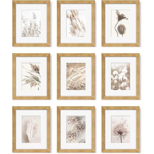 YESKAY 8x10 Picture Frame Set of 9, Display Pictures 5x7 with Mat or 8 x 10 Without Mat, Multi Photo Frames for Wall Mounting or Table Top Display, Natural Oak