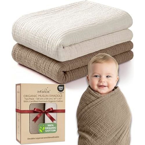 OEKO TEX 100% Organic Cotton 2 PK Baby Muslin Throw Blanket Unisex 47x47 In