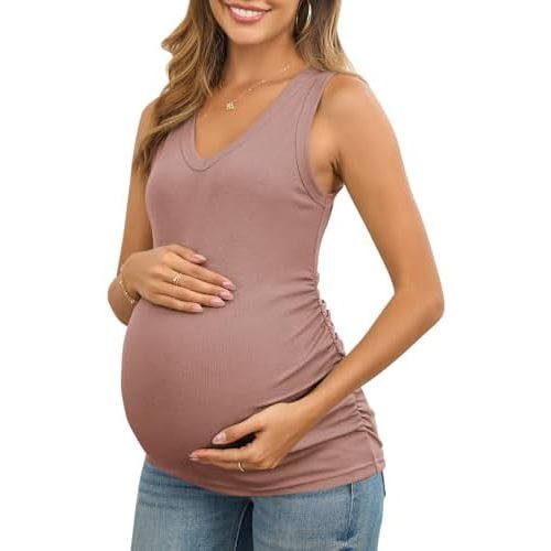 Maternity Tank Tops for Women Summer Sleeveless V Neck Ribbed Knit Slim Fitted Blouse Side Ruched Pregnancy Shirts