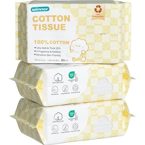 Winner 100% USDA Biobased Dry Wipes, Glycerin Infused Cotton Face Towels, Ultra Soft, Hypoallergenic, Baby Necessities for Diaper Changes, Meals, and On-the-go Cleanup, 240 Count, Pack of 3