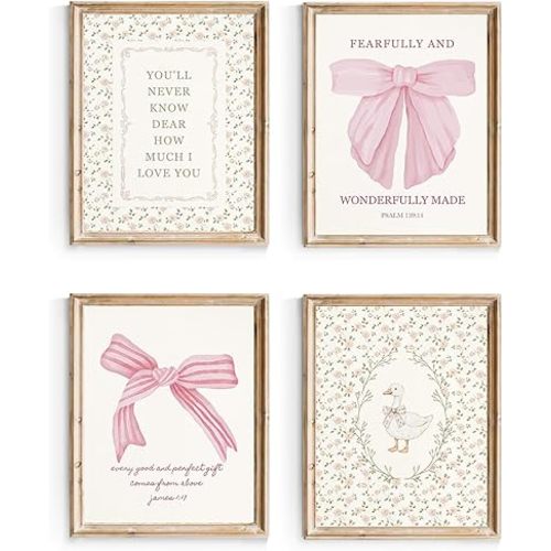 Habseligkeit Pink Bow Wall Art Prints, Cute Wall Decors for Room Aesthtic, Coquette Posters for Girls Bedroom Dorm Decor Unframed, 8X10in, Set of 4