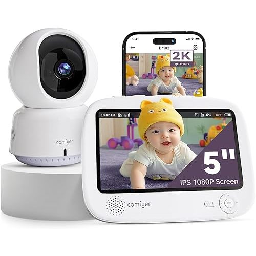 Smart WiFi Baby Monitor - 5" 1080P Split Screen & 2K Camera App Control, Motion Alerts, HD Night Vision, 5050mAh Battery, 2-Way Talk, Multi-User, Triple Security, 1600ft Range