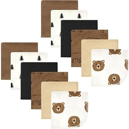 Hudson Baby Unisex Baby Flannel Cotton Washcloths, Brown Bear 12 Pack, One Size