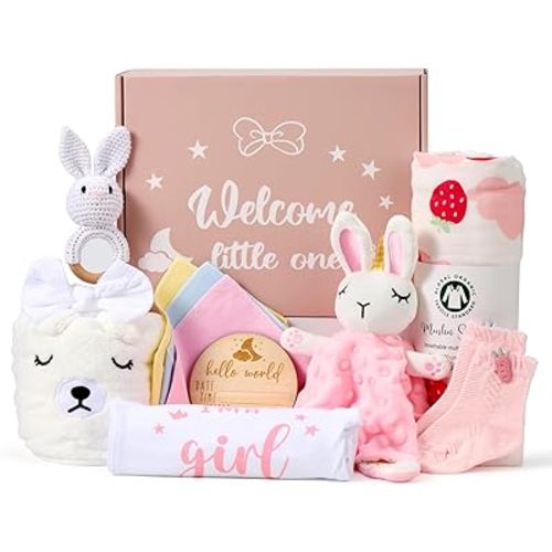 Baby Girl Gifts Basket, Newborn Girl Essentials for Baby Shower, Hooded Bath Towel, Muslin Swaddle Blanket, Girl Bodysuit, Bunny Rattle, Lovey, Baby Bibs, New Mom Gifts Box for Women