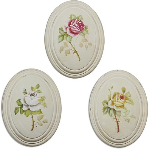 CVHOMEDECO. Primitive Retro Hand Painted Oval Wooden Frame Wall Hanging 3D Painting Decoration Art, Rose Flower Design, 6-3/4 x 8-3/4 Inch, Set of 3.