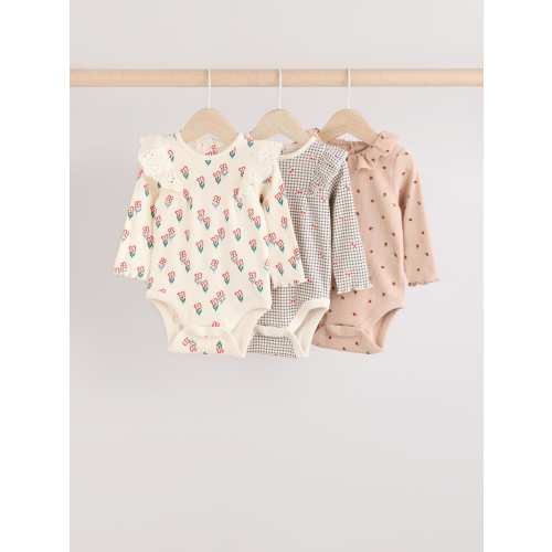 Cream/ Tan/ Grey Flower Print Baby Long Sleeve Frill Bodies 3 Pack