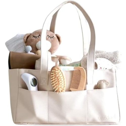 Uniklook Vegan Leather Baby Diaper Caddy Organizer with Removable Inserts – Portable Storage Basket for Diapers, Wipes, Baby Essentials – Easy-to-Clean Nursery Organizer for Home & Travel (Blanc)