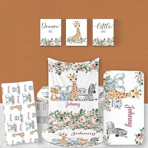 Custom Nursery Crib Bedding Set: Personalized Nursery Decor Baby Blanket Fitted Crib Sheet Changing Pad Cover Baby Room Rug Safari Animals Giraffe Pattern Gift Idea(Fixed Size)