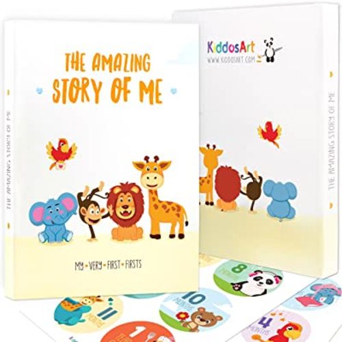 KiddosArt Baby Memory Book. Keepsake Journal, Scrapbook, Photo Album. Record Your Girl or Boy Memories and Milestones of the First 5 Years on 72 Beautiful Pages. 12 Monthly Stickers Included.