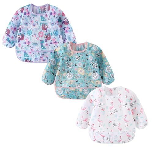 ElecMotive 3 Pack Long Sleeve Bib,Baby Smock for Eating 6-30 Months Reusable Shirt Bibs for Babies Toddler