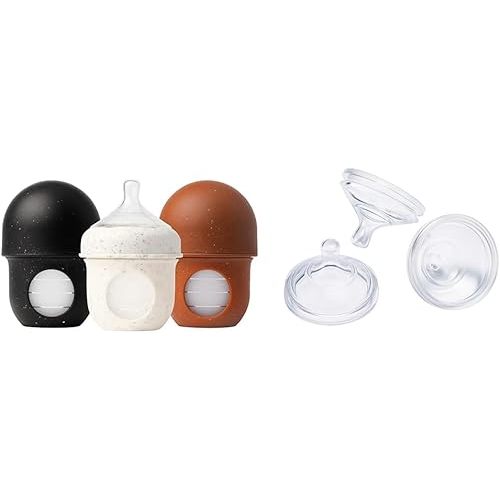 Boon Nursh Reusable Silicone Baby Bottles with Pouch - Stage 1 Slow Flow - 4 Oz - 3 Count + Extra Slow Silicone Nipples 3 Pack