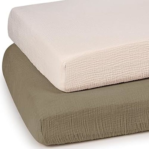 lulumoon Mini Crib Sheets Muslin: Pack and Play Sheets for Boys and Girls - Cotton Fitted Crib Sheet for Pack N Play Mattress and Playard 2Pack 24"x38"