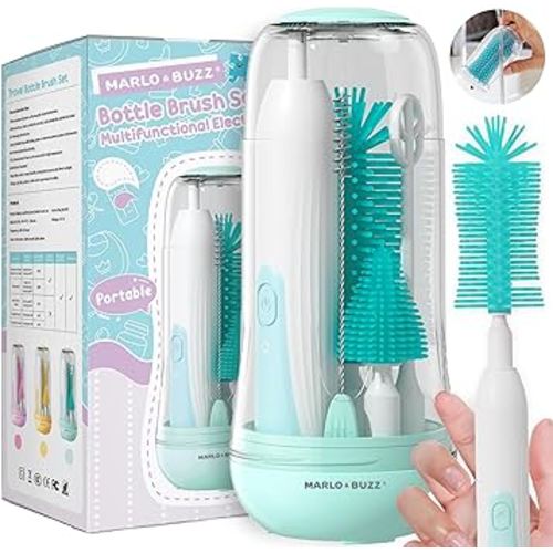 Electric Baby Bottle Brush Cleaner Set, Rechargeable Waterproof Silicone Brushes with Large Bottle Brush, Nipple Brush, Straw Brush, Milk Stirrer, Drying Rack (Green)