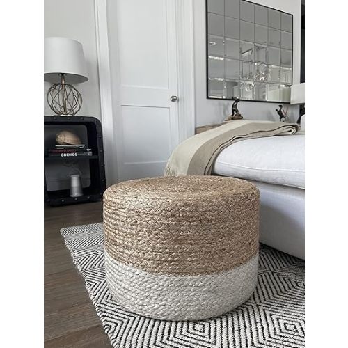 S & L Homes Pouf Ottoman - 100% Jute Braided Footrest Pouf Hand Knitted Traditional Cord Boho Pouffe for Living Room, Bedroom, Nursery, Patio, Lounge Colorblock - Natural Ivory (18”x18”x12”)