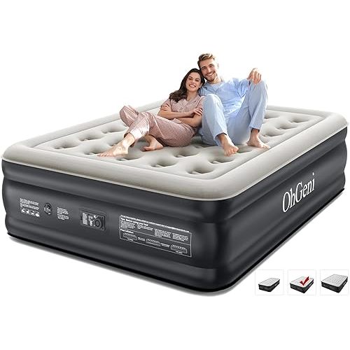 OhGeni Queen Air Mattress with Built in Pump, 18 Raised Blow Up Mattress, Low Noise Surface Portable Colchone Inflable, Air Bed for Home and Guest, Black