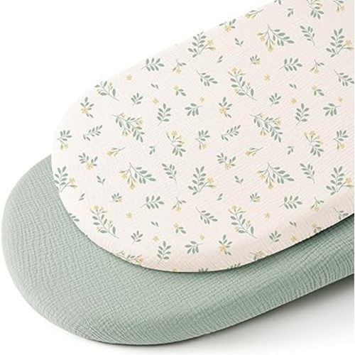 Konssy 2 Pack Muslin Bassinet Sheets for Baby Boy, 100% Cotton Soft Breathable Bassinet Mattress Sheets Fit for Hourglass Oval Cradle Rectangle Mattress (Leafy,Green)