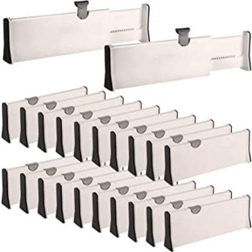 20 Pack Adjustable Drawer Divider Organizers 4'' High Expandable 11-17'' Dresser Drawer Separators Plastic Drawer Organizers Drawer Dividers for Clothes Organization Office Bedroom Bathroom (Beige)