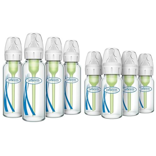 Dr. Brown’s Anti-Colic Narrow Glass Baby Bottles 8 oz 4-Pack + 4 oz 4-Pack with Level 1 Slow Flow Nipples Bundle, BPA Free, 0m+, Clinically Proven to Reduce Colic and Aid Digestion