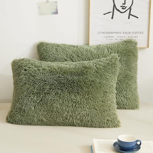 XeGe Faux Fur Fluffy Throw Pillowcases, Plush Shaggy Soft Furry Pillow Covers, Fuzzy Decorative Pillow Cases, Velvet Pillow Shams for Bed Couch Sofa Zipper Closure, Set of 2(Standard, Sage Green)