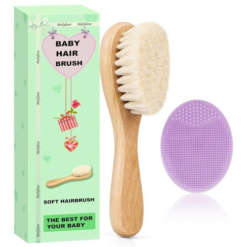 Baby Hair Brush and Purple Cradle Cap Brush Set for Newborns and Toddlers, Wooden Baby Hair Brush Set with Soft Goat Bristle, Baby Hair Care Kit 2PCS