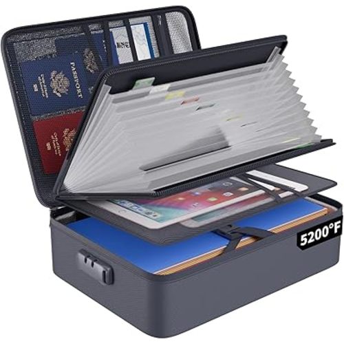 ENGPOW 5200℉ Fireproof File Organizer Bag with 13 Pocket Accordion File Folder,Document Organizer Box with Lock&Labels,Multi-Layer Portable Home Travel Safe Storage Box for Important Documents,Gray