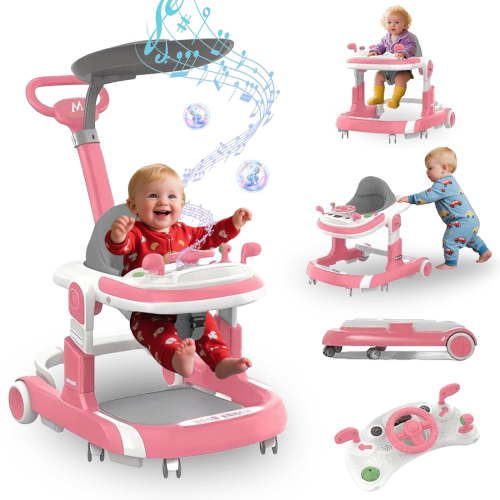 XunKA Multifunctional Baby Walkers, Height Adjustable Push Walker for Boys and Girls 6-24 Months(Pink).