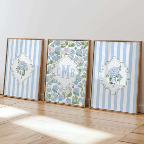 Personalized 3 Letter Monogram Prints Blue Hydrangea Wall Art Set Preppy Coastal Dorm Decor Grandmillennial Bedroom Custom Name Nursery Art