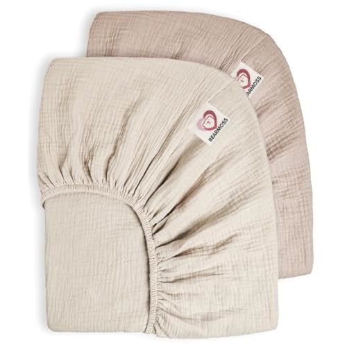 Bearmoss 100% Cotton Baby Muslin Crib Sheets - Fitted for Standard & Toddler Mattress (52"x28") - Soft, Breathable - Neutral for Boys & Girls - 2 Pack (Baby Face)