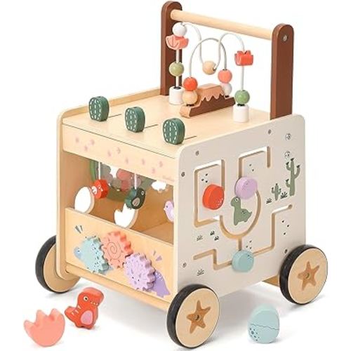 PairPear Wooden Baby Walker,6 in 1 Dinosaur Play Walker Adjustable Speed Push Cart with Brake & Shape Sorter,Natural Solid Wood Activity Center Toy for Toddlers 12M+