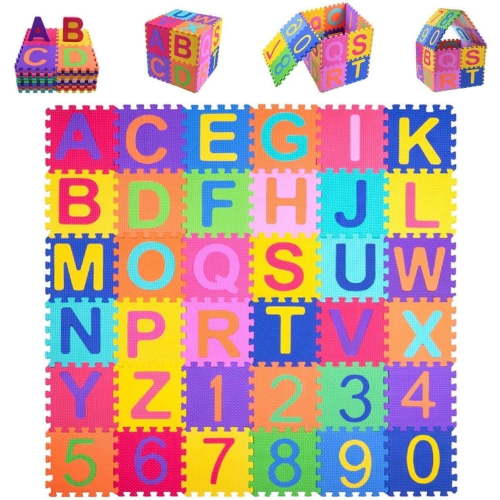 Kids Foam Puzzle Play Mat (36-Piece Set) 5.9inch x 5.9inch Interlocking EVA Floor Tiles with Alphabet and Numbers Alphabet Play Mat For Kids Toddlers ABC & Numbers 0 To 9