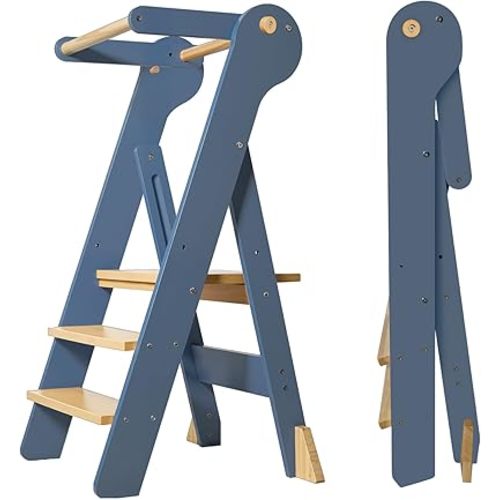 Foldable Toddler Tower, Kids Kitchen Step Stool, Height Adjustable Montessori Toddler Standing Tower with Safety Rail & Anti-Slip Design, Wooden Helper Stool for Ages 1–6 (Blue Gray)