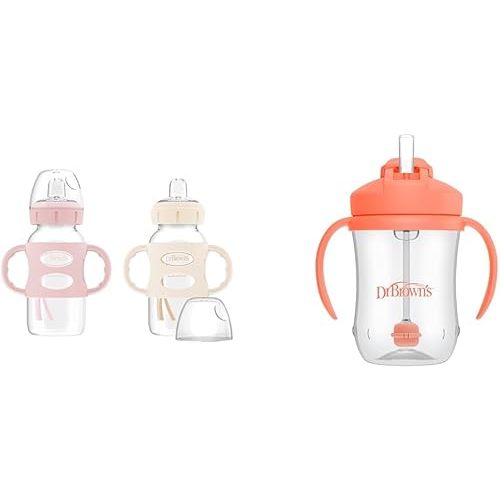 Dr. Brown's Milestones Wide-Neck Sippy Bottle with 100% Silicone Handles, Easy-Grip Bottle & Milestones Baby’s First Straw Cup, Training Cup with Weighted Straw, Coral, 6m+