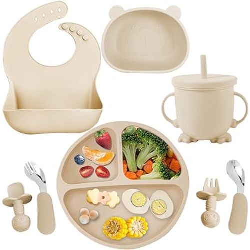 Silicone Baby Feeding Set, Baby Led Weaning Supplies 8 Pack with Suction Plate and Bowl, Self Feeding Spoons Forks Sippy Cup Adjustable Bib, Eating Utensils for 6+ Months - Beige