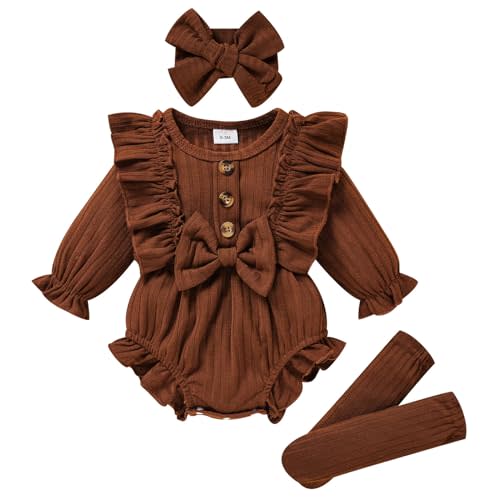 GRNSHTS Newborn Baby Girl Clothes Ruffle Solid Sweater Long Sleeve Romper+Hairband+Socks 3Pcs Fall Winter Outfits