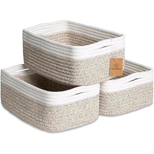 NaturalCozy 11.8"x8"x4.5” Storage Baskets for Shelves 3 Pack | Cotton Rope Woven Small Baskets for Organizing | Small Storage Bins for Nursery, Bathroom, Closet, Cube Shelf, Decorative, Gift Basket