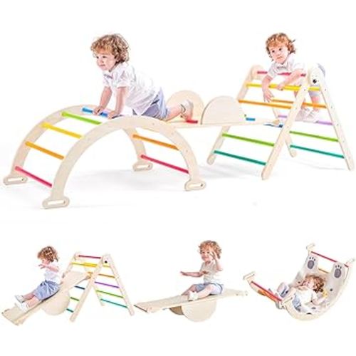 5 in 1 Pikler Triangle Set, Adjustable Height Climbing Toys for Toddlers 1-3 Inside, Foldable Climbing Toys Indoor Gym Wooden Montessori Climbing Set, Kids Toys with Ramp Sliding