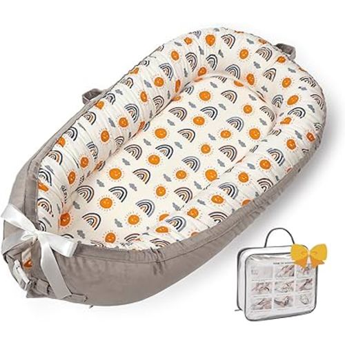 Baby Lounger-Breathable Co-Sleeping and Soft Organic 100% Cotton Baby Lounger, Portable Infant Lounger with Removable Lounger Cover, Baby Nest Lounger for Newborn 0-24 Months(Ao Rainbow)