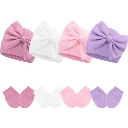 Sarfel 4 Pack Baby Hats 0-6 Months Newborn Hats for Girls with Bow Infant Hat Newborn Beanie Baby Hat and Mitten Set Cotton