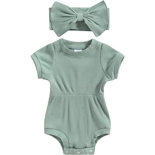 Baby Girl Summer Clothes Ribbed Short Sleeve Romper Solid Color Bodysuits Bow Headband Outfit Newborn Girl Jumpsuit