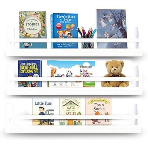 ELMORA Nursery Book Shelves, 16.5 Inch Floating Book Shelves for Wall, Set of 3 Nursery Shelves for Baby Room, Floating Shelves for Kids Room, Ideal for Books, Toys, Spice Rack, Decor (White)