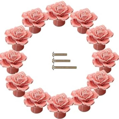 ESreake 12-Pack Rose Ceramic Knobs, Rose Flower Ceramic Vintage Pulls Kitchen Cabinet Dressing Table Dresser Handles with 3 Size Screws for Girl's Room Dresser Cupboard Wardrobe (12, Pink)