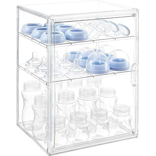 keyunchengbao Baby Bottle Organizer, 3 Tiers Adjustable Clear Acrylic Baby Bottle Storage Organizer with 3 Removable Dividers and Magnetic Door, Suitable for Countertop and Kitchen